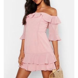 Chiffon Ruffle Off the Shoulder Mini Dress